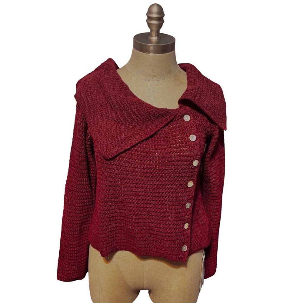 Commense Burgundy Knit Sweater Asymmetric Button Folded Collar Women's Medium - Picture 2 of 10